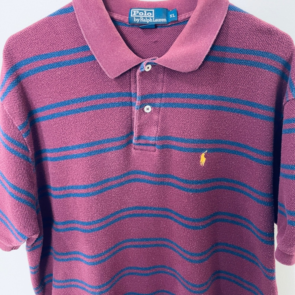 Polo Ralph Lauren Mens XL Burgundy Striped Short Sleeve Pique Polo Shirt